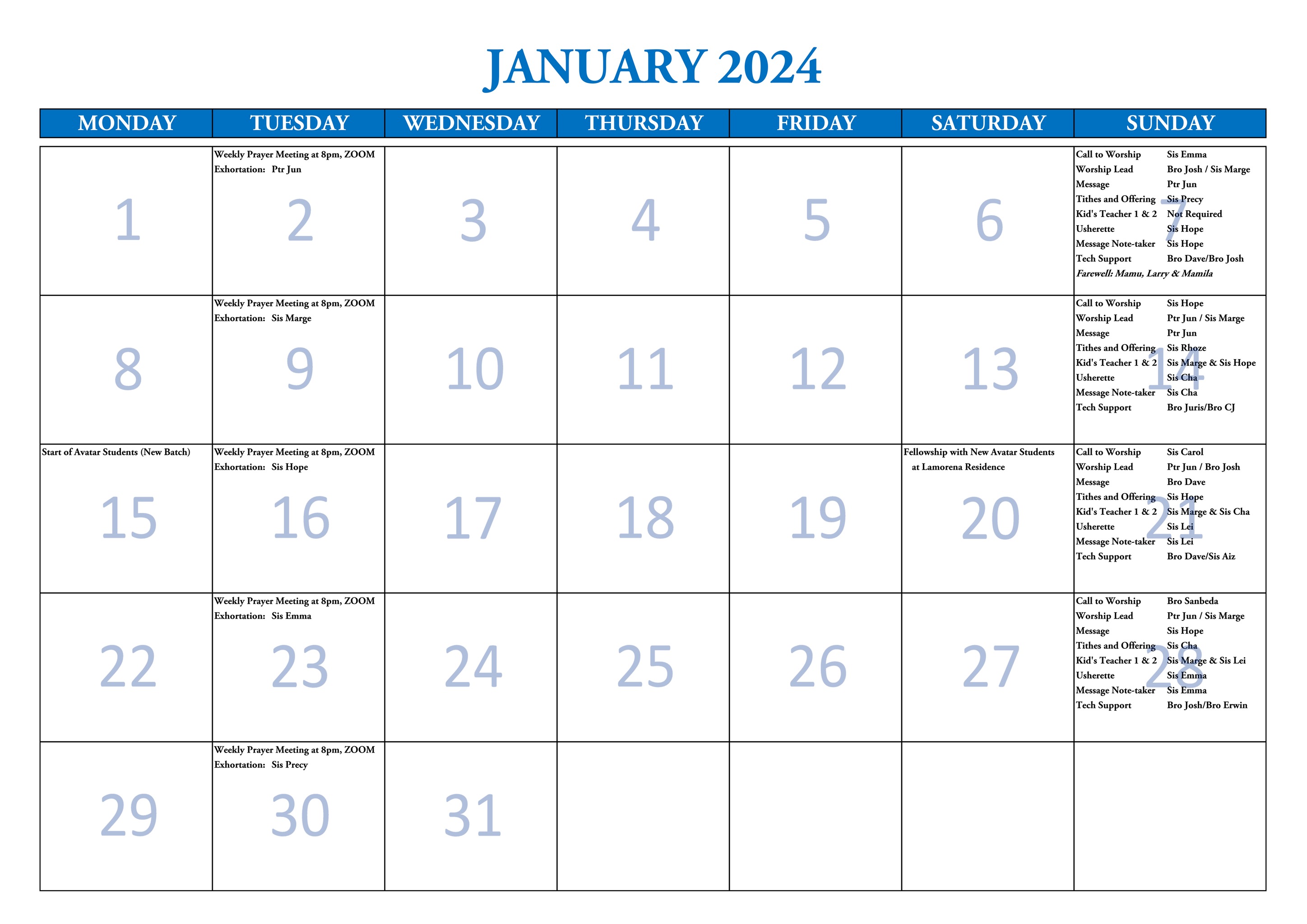 January 2024 JIL New Plymouth Calendar of Activities